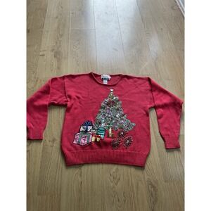 Marnie West Women's Red Sequin Embroidered Christmas Crewneck Sweater Size‎ Sm